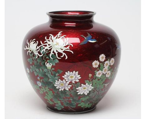 A JAPANESE GINBARRIE ENAMEL VASE of squat baluster form, enamelled in colours with a blue bird in flight over flowering shrub