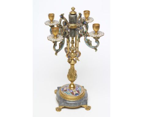 A GILDED BRASS AND GREY ONYX CHAMPLEVE ENAMEL CANDELABRUM, 20th century, possibly French, the baluster stem with turned finia