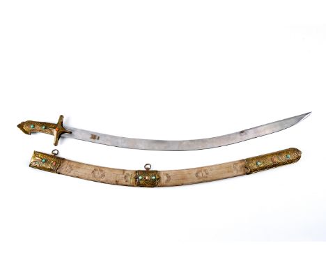 A POLISH SHAMSHIR OR KARABELA, with 30 1/4" curved blade, double edged at the tip and decorated with applied gilt metal, bras