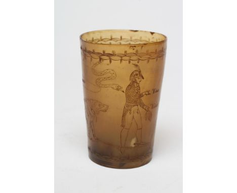 A GEORGIAN HORN BEAKER engraved with a bust portrait of a lady wearing a plumed hat and a dog, beneath a banner "This is my G