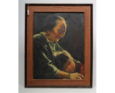 JAPANESE SCHOOL (20th Century), Wisdom and Youth, Portrait of a Lady and Grandchild, oil on canvas, signed, 24" x 18", ebonis