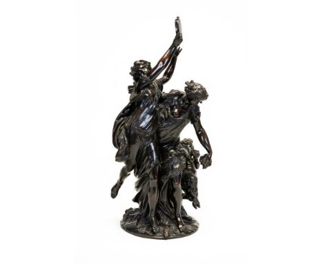 CLODION CLAUDE MICHEL (French 1738-1814), "Bacchanali", bronze group with bacchante and faun, signed and inscribed "IJ62", da