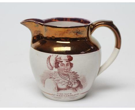 OF ROYAL INTEREST - a small pearlware jug of baluster form, on-glaze printed in brown with a half length portrait of Queen Ca