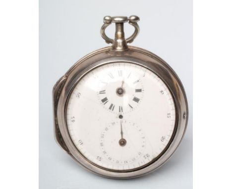 A GEORGE III SILVER PAIR CASED POCKET WATCH, London 1786, the white enamel dial with minute chapter ring enclosing two subsid