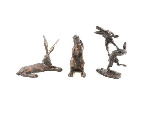 Paul Jenkins, three cast bronze models of Hares, including group of boxing hares, reclining hare, and a star-gazing hare, eac