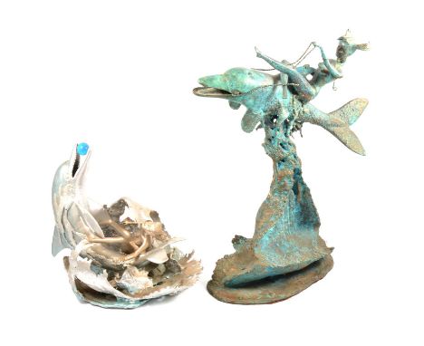 Contemporary, Riding a dolphin, verdigris patinated bronze, 49cm; another sculpture by the same hand. (2) Note: the latter in