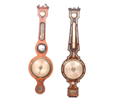 Victorian rosewood and mother of pearl inlaid banjo barometer, silvered dials, signed Fletcher, London, 97cm, damaged, and a 