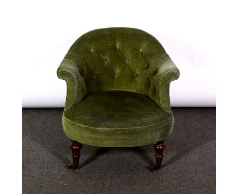 Late Victorian tub chair, hoop back, upholstered with button dralon, turned legs, on castors, width 70cm, height 67cm.
