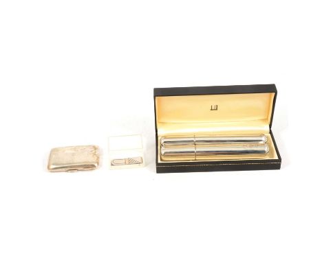 Dunhill pewter combined cigar case/flask, 18cm, original box, silver money clip and cigarette case.Qty: 3Condition report:Bot