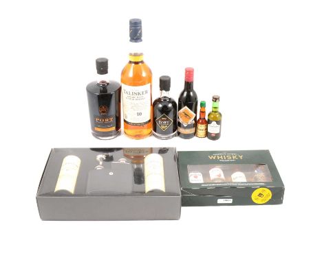 Bottle of Talisker 10 year old whisky, 45.8%, 75cl; Balvenie miniature gift set with twin hip flask, another whisky miniature