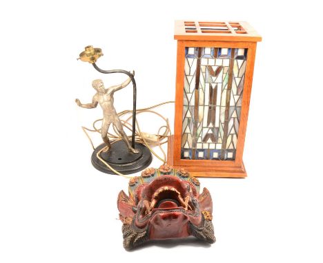 South East Asian carved and painted mask, other masks, Sino-Indian puppet, spelter lamp, London Gin mirror, gilt framed mirro