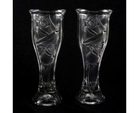 A pair of German Goebel crystal vases, moulded in relief and frosted with rose design, 26cm.Qty: 2Condition report:They are b