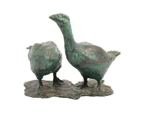 Contemporary, Two Geese, verdigris patinated bronze, 20cm.