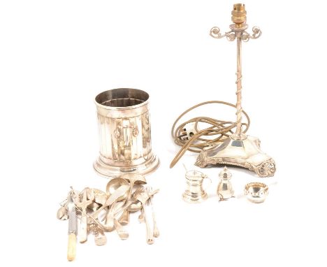 Small quantity of silver and silverplate, including a plated lamp base with snake coiled around the slender column, trefoil b