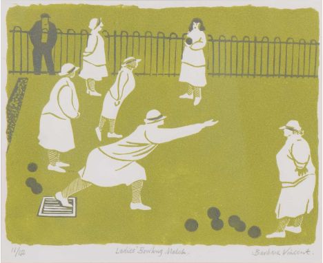 Barbara Vincent,Ladies Bowling Match,linocut print, signed, titled and numbered 11/12,22x27cm.