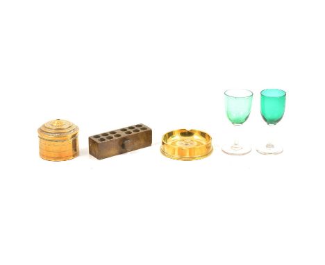 Quantity of assorted metalware, glassware, and other items, including a brass bullet mould stamped Butler &amp; Crisfe, Easte