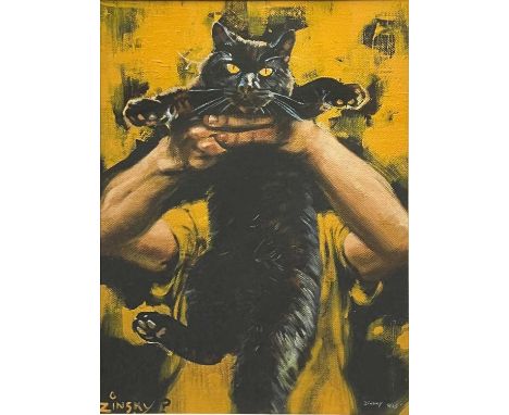 Zinsky, Self-portrait with cat, limited edition print, signed and numbered 4/25,38cm x 27.5cm,mounted, framed and glazed 57.5