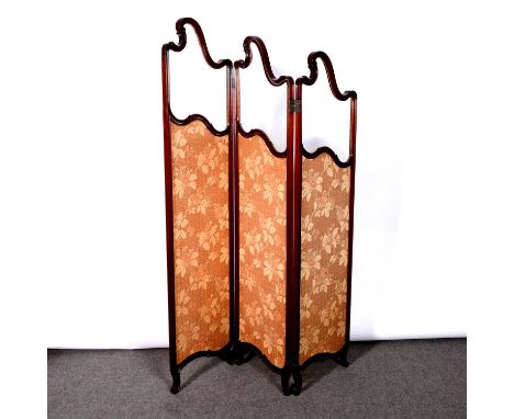 Edwardian mahogany framed three panel screen,scrolled cresting with glazed panel above a fabric, short cabriole legs, height 