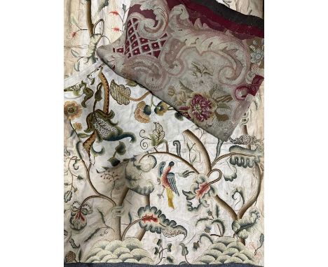 Quantity of material, mostly 19th/ early 20th century, including four long-stitch curtains, stitched with trees and bird desi