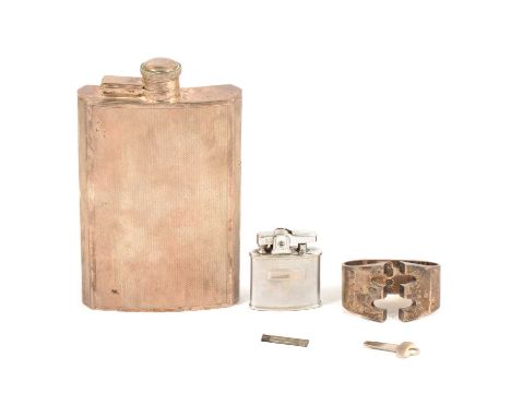 A silver hipflask, James Dixon &amp; Sons Ltd, Sheffield 1952, engine-turned design, 15cm x 9cm; a silver napkin ring, Garrar