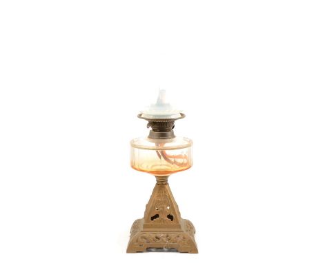 Edwardian oil lamp, with chimney and tinted glass shade, clear facetted glass reservoir, cast base, 57cm.Condition report:The