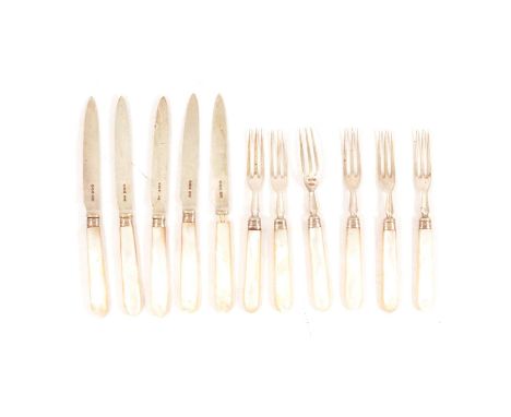 Set of silver knives and forks (only five knives), James Dixon &amp; Son, Sheffield 1927, mother of pearl handles.Qty: 11