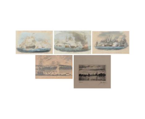 A pen and ink drawing of Venice, indistinct signature; three nautical prints published by Bunney &amp; Gold; and A perspectiv