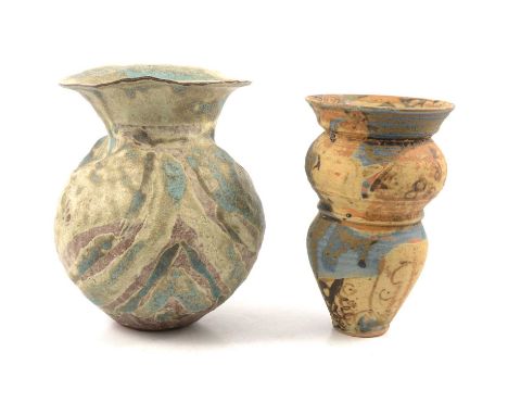 Two contemporary ceramic vessels, circa 1980, one with swollen body and flared neck, earthenware body, unidentified mark to b