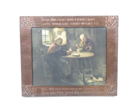 A Scottish Arts and Crafts copper frame, embossed with Robert Burns verse "Some hae meat and canna eat...", with thistle moti