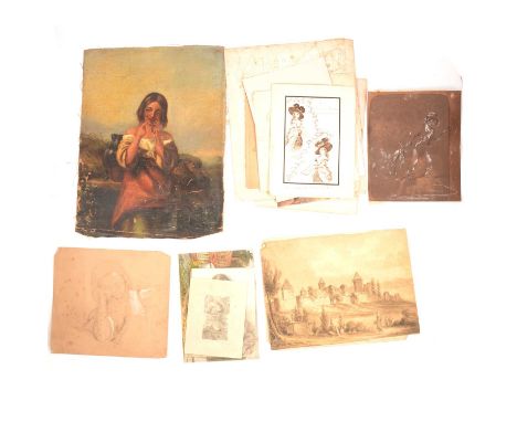 Small collection of 19th Century sketches and watercolour drawings, including;Sketch from nature, Charnwood Forest, 1840, 18.