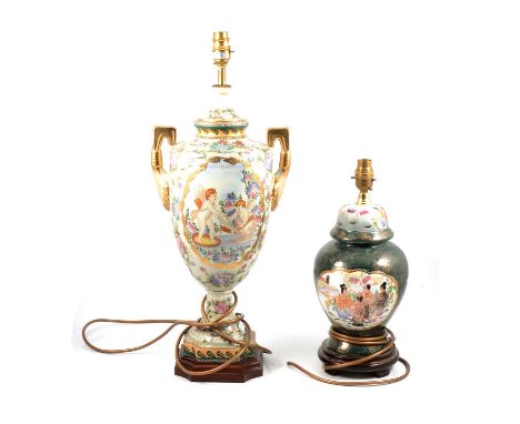 Continental ceramic lamp base, twin-handled, painted with cherubs with floral borders, 56cm, and an Oriental ceramic lamp bas