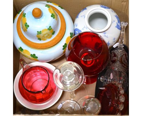 A blue and white Oriental vase, koi carp design, 22cm; ceramic rumtoft, 37cm; large ruby glass goblet; cranberry glass jug; o