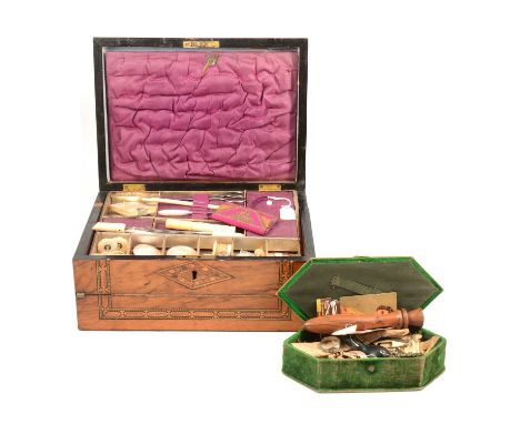 Victorian walnut combination work box and writing slope with a good number of mother-of-pearl sewing accessories, snowflake w