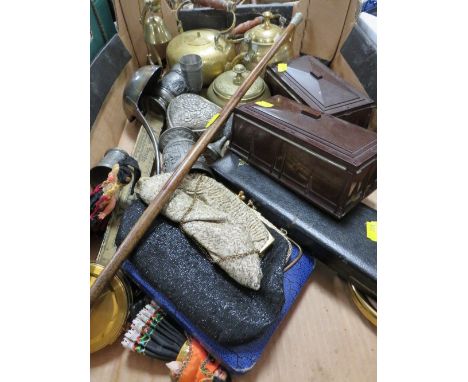 A tray of collectables to include two Bakelite boxes and a swagger stick etc.