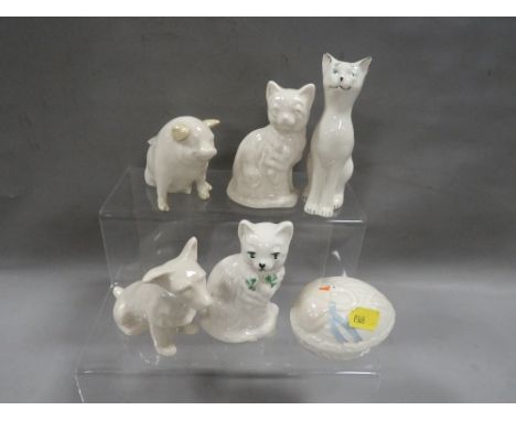 Five Belleek animal figures to with a swan egg trinket