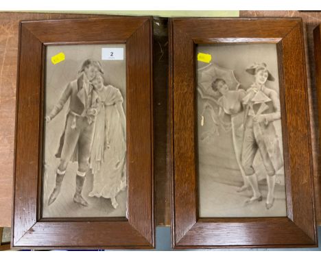 Two pairs of oak framed antique ceramic panels depicting figures in period costume (4)