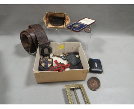 A tray of collectables to include scouts belt and badges etc