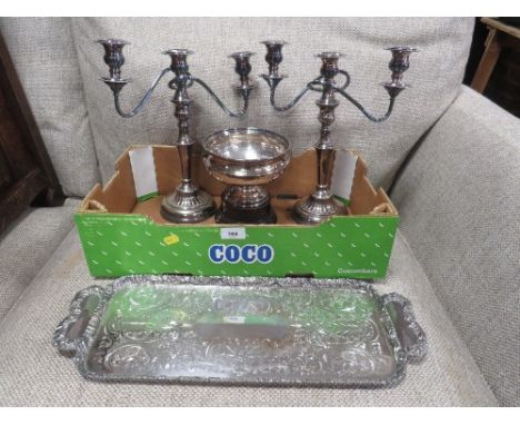 A pair of silver plated candelabra together with a hammered finish bowl and a twin handled tray