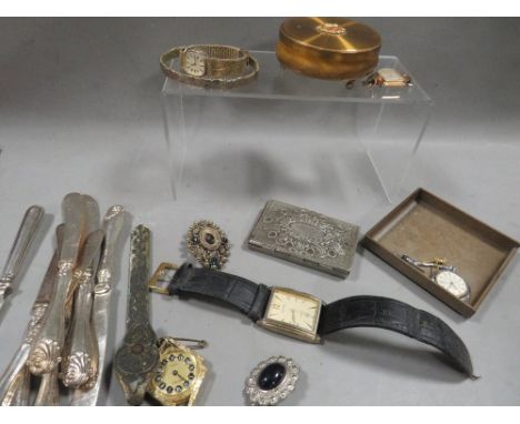 A box of collectables, including silver handle cutlery, vintage costume jewellery and watches etc