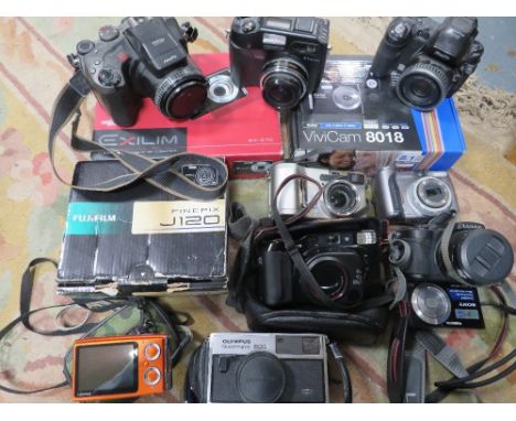 A box of mostly digital cameras to include Lumix,Casio, Finepix, Vivicam etc