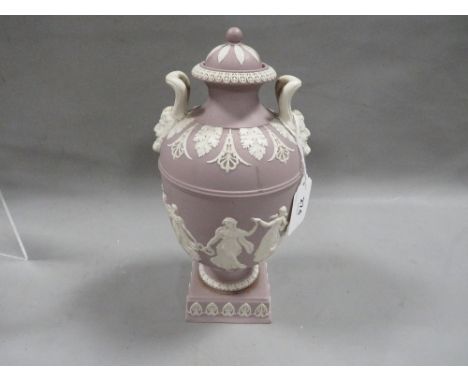 A Wedgwood Jasperware twin handled dancing hours lidded urn - top badly chipped and connections loose A/F
