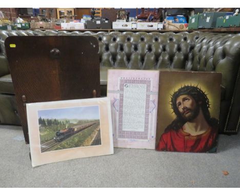 A wooden fire screen together with a locomotive print, a print of Renaissance Jesus Christ and a glazed Desiderata