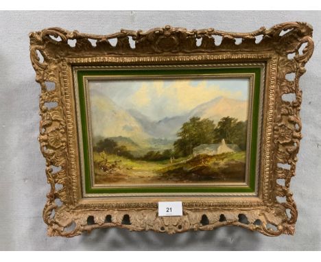B Bronte ?? - an oil on board mountain landscape in a gilt frame 17 x 25 cm