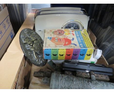A tray of collectables to include a vintage style Bush radio, vintage Egg Bod &amp; Mr Potato Head (contents not checked), mo