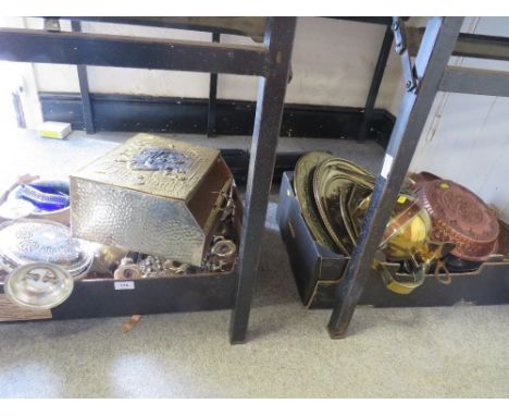Three boxes of assorted metalware to include brass, copper and silverplate.