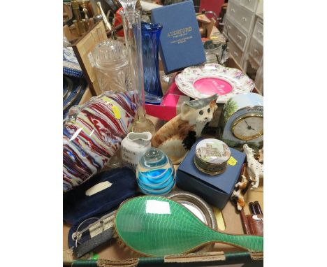 A tray of assorted glass and ceramics to include Royal Albert, Whitefriars bud vase, etc.