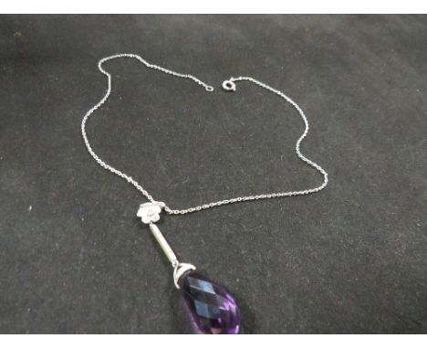 An amethyst style diamond set dropper pendant on sterling silver chain