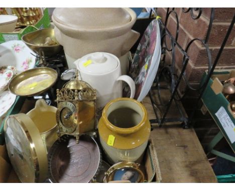 A selection of ceramics and metal ware to include a vintage set of scales and weights etc