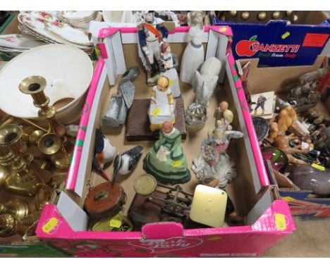 Three trays of assorted ceramics, metalware, collectables to include Franklin Mint Amy, and Meg, brass scales, Caithness pape