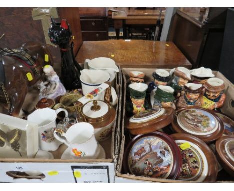Two trays of assorted ceramics to include a selection of Roy Kirkham Toby jugs, Coalport and unmarked pot lids etc